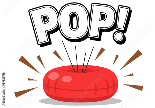 A vibrant red cushion explodes with a 'POP!' prank boom. Bold graphic style, playful and attention-grabbing. Perfect for social media or marketing.