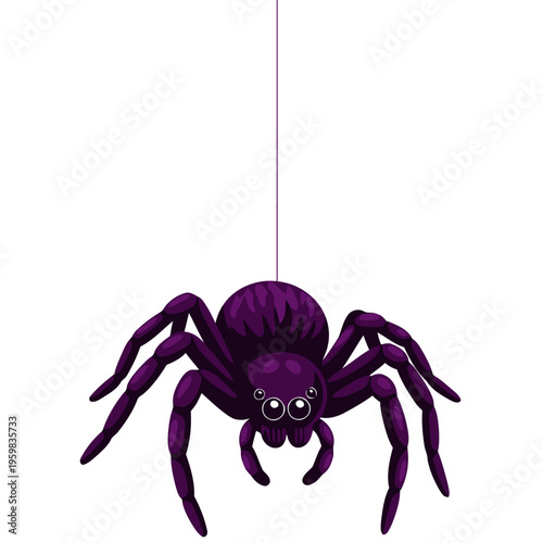 A whimsical purple spider hangs playfully, emitting a giggle. Vibrant, cartoon style, perfect for playful designs and illustrations.  Bright purple color scheme.