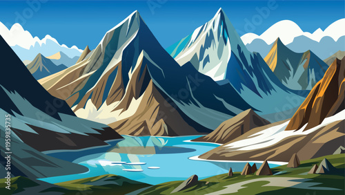 A serene illustration of majestic snow capped mountains reflecting in a crystal clear blue lake