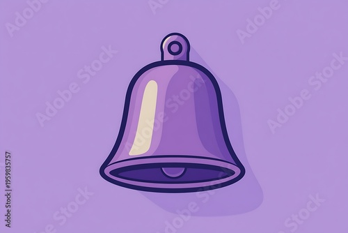A cartoon-style illustration of a purple bell on a solid purple background with a subtle shadow effect
