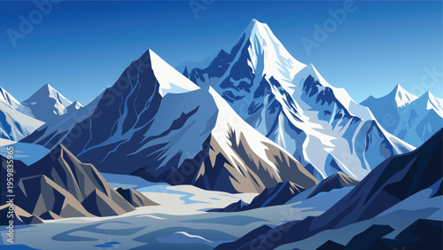A majestic digital illustration of snow covered mountain peaks under a clear vibrant blue sky