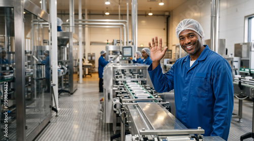 Smiling factory worker waving hand in a food processing plant. Happy industrial employee greeting in a manufacturing facility