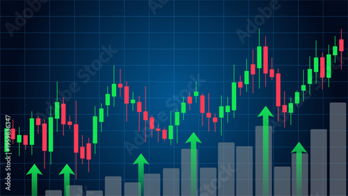 Stock market candlestick chart with rising arrows and trading volume financial growth concept