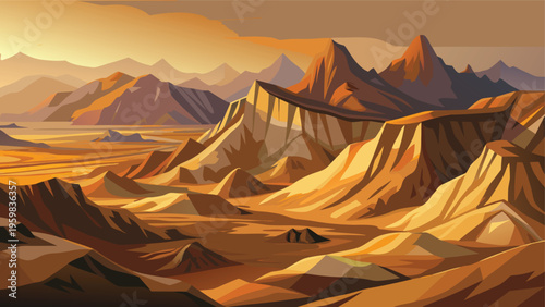 A panoramic view of a vast desert landscape with jagged golden mountains under a warm sunset sky