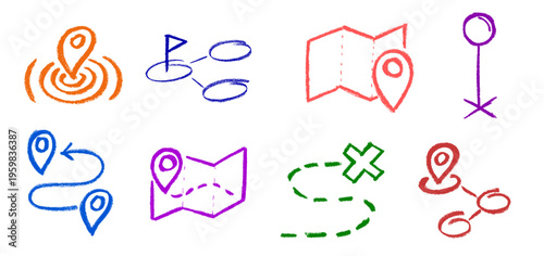 Route Location Related Icons Crayon Chalk Drawing Doodle Vector Set