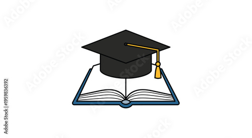 Graduation cap sitting on an open book, illustration of academia and learning