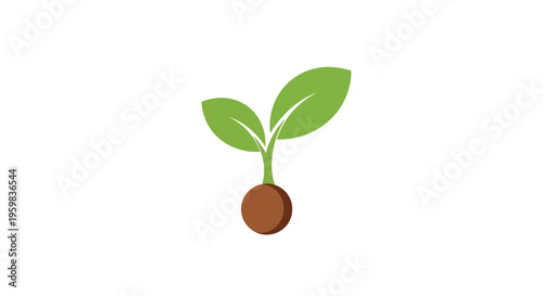 Minimalist representation of a nascent sprout with verdant leaves and earth-toned seed emblem