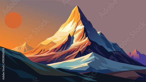 A stylized artistic illustration of a majestic mountain peak glowing under a vibrant sunset sky
