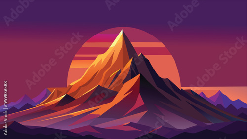 A vibrant digital illustration of a jagged mountain peak silhouetted against a setting sun sky