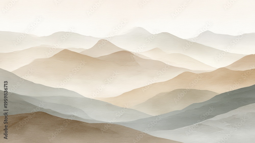 Naklejka premium A serene watercolor landscape of layered mountains in soft, neutral earth tones, evoking a sense of calm and depth.