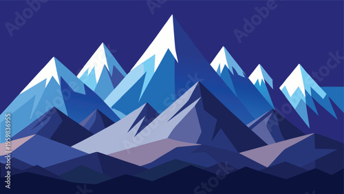 A minimalist flat vector illustration featuring a range of majestic blue snow capped mountains