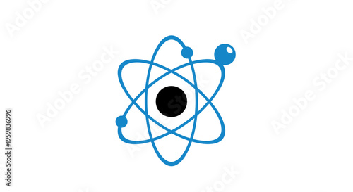 Graphic depiction of atomic structure with a central nucleus and orbiting particles on white