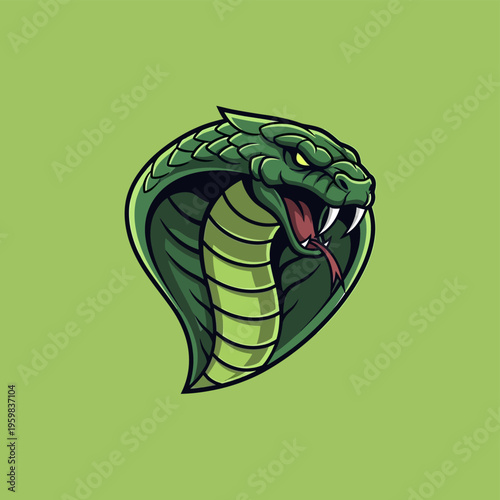 Fierce Green Cobra Head with Open Mouth and Fangs.