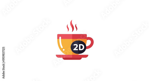 Illustration of a steaming coffee cup with 2D label on a white background