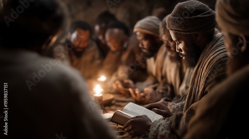 Believers gather in a house church under warm lamplight, praying, reading scripture, and encouraging one another in a peaceful and nurturing spiritual atmosphere.
