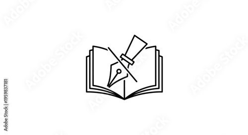 Minimalistic illustration of a book with a pen crossing through the pages creating a logo