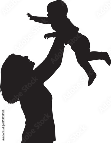 Mother lifting baby in air, black silhouette vector illustration depicting joy and playfulness between parent and child