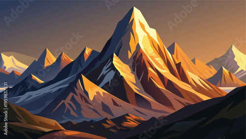 A majestic mountain range bathed in the soft warm glow of a golden sunrise against a clear sky