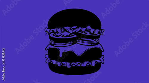 Black Burger on Blue Background.