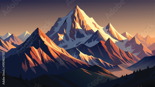 A majestic mountain range illuminated by the golden light of a sunrise or sunset in the wilderness