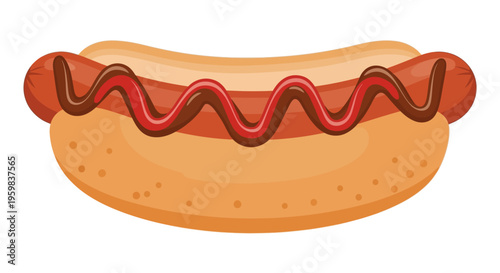 Cartoon-style image of a hot dog with sauces on a bun, simple illustration.