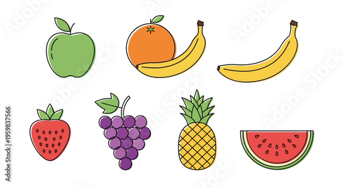Cartoon fruits collection, illustrating various healthy food, isolated on white background