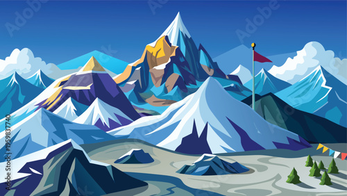A vibrant digital illustration of majestic snow capped mountain peaks under a clear blue sky