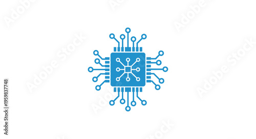 Illustration of a blue integrated circuit symbol in a minimalist design on a white background