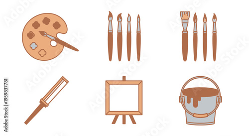 Flat lay of various artistic tools and supplies on a white background, including a palette, paintbrushes, a scraper, easel, and paint bucket.