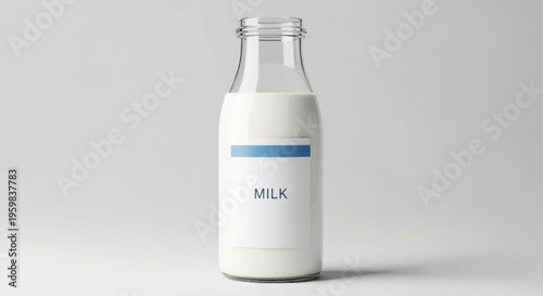 Milk bottle with label showcasing the dairy product against a neutral gray background