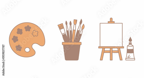 Flat lay illustration of art supplies including a paint palette, brushes in a cup, and an easel with canvas on a white background.