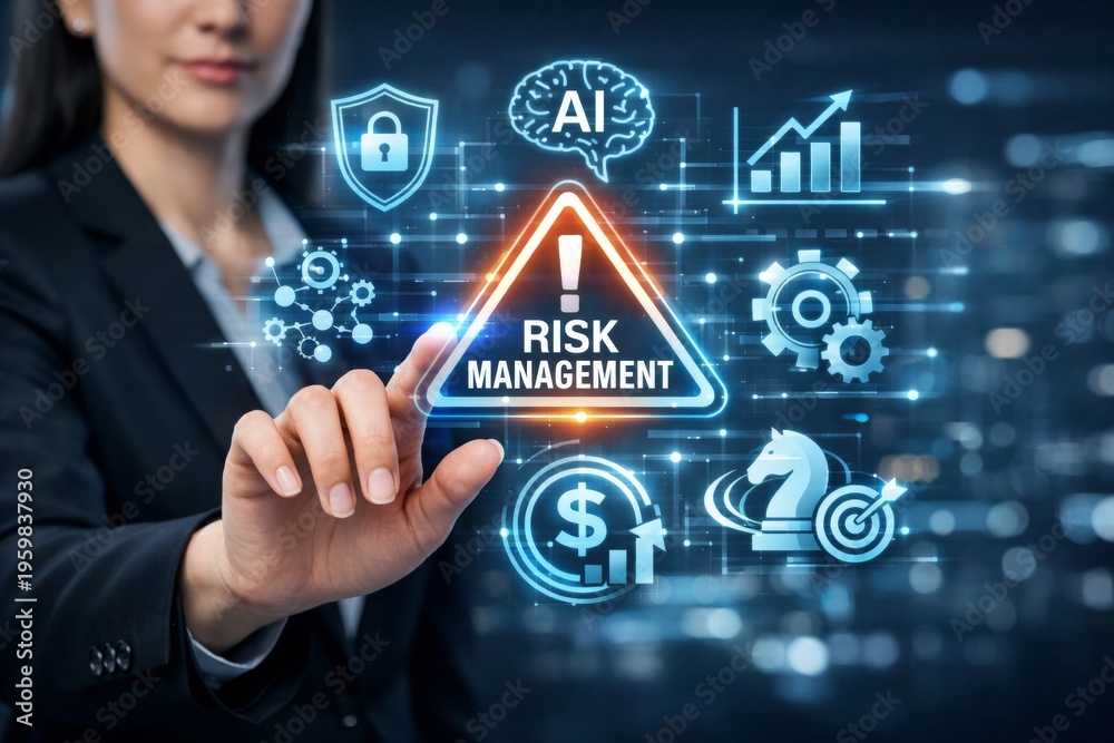Obraz premium Businesswoman activating digital risk management interface concept. Ai generative