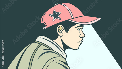 Casual boy in baseball cap, side profile portrait, minimalist flat vector illustration for youth fashion, character design, and everyday lifestyle themes.
