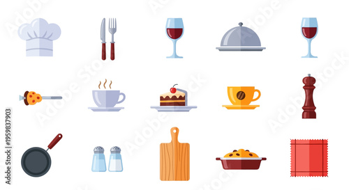 Culinary Essentials: A Flat Illustration of Kitchenware, Beverages, and Food Items