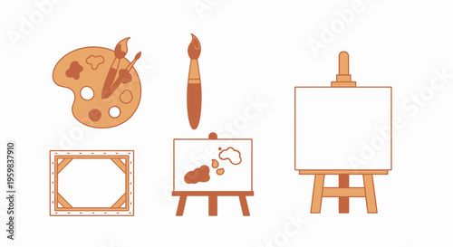 Flat lay of various artistic tools and supplies on a clean white background including a palette, paintbrush, and easel with canvas.