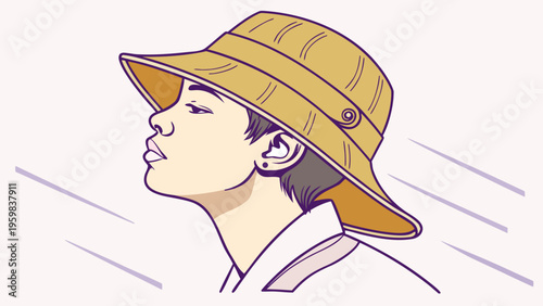 Young woman in bucket hat looking up, modern fashion style, minimalist flat vector illustration for youth trends, apparel branding, and lifestyle content.