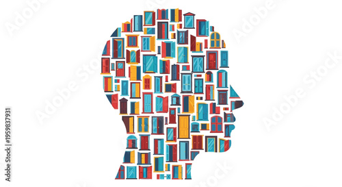 A creative illustration of a human head made up of colorful books on a white background