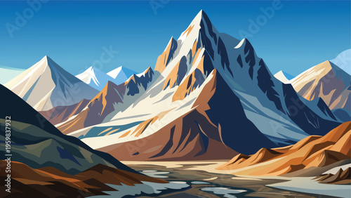 A digital illustration of a majestic snow-capped mountain range under a clear blue sky atmosphere
