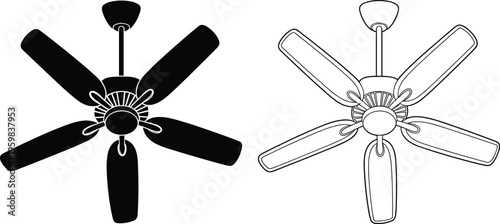 Ceiling fan icons set, solid silhouette outline design, five blade fan illustration, home appliance symbol, ventilation cooling equipment graphicCeiling fan f