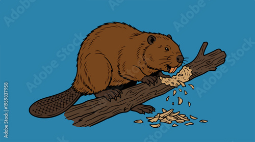 Brown Beaver Eating Wood Branch.