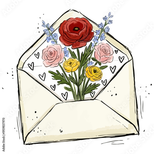 Hand-drawn floral bouquet in an open envelope with hearts. Whimsical watercolor illustration of flowers inside vintage envelope. Romantic greeting card concept with ranunculus and roses in a letter