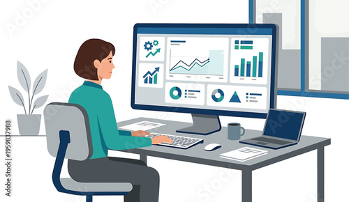 Woman working on computer with graphs on screen isolated on transparent background