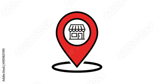 Shop Location Icon: Red Pinpoint Mark with Storefront Symbol, Digital Mapping Design