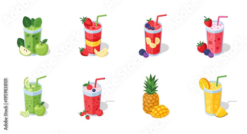 Illustration of varied fruit smoothies with fruits and greens for a healthy lifestyle design