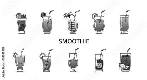 Illustration of a variety of refreshing smoothie beverages with unique fruit garnishes