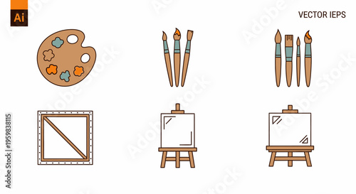 Vector illustration set of artistic tools and supplies including a palette, brushes, pencils, film strip, and easels with blank canvases on a white background.