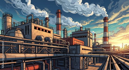 Industrial Complex with Chimneys and Smoke Emissions.