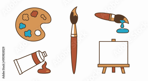 Flat lay illustration of artistic tools including a paintbrush, palette, tube of paint, and easel on a clean white background.