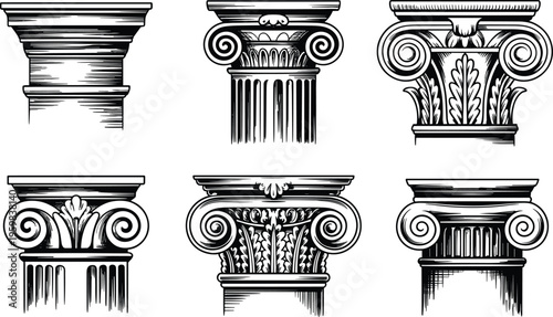 Classical architecture column capitals, Doric Ionic Corinthian styles, ancient Greek Roman design, acanthus leaves volutes, decorative stone pillars illustration