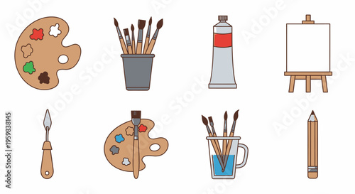 Flat lay of various artistic supplies including paintbrushes, palettes, and a canvas on a white background with a creative and colorful mood.